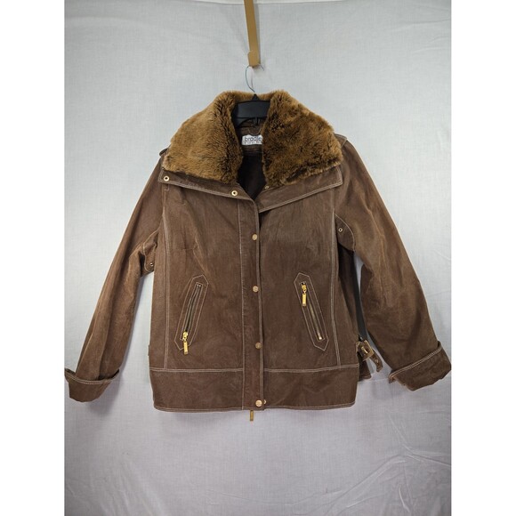 Y2K Bradley Bayou Leather Brown Bomber Coat Jacket Removable Fur Collar Wom XL - Picture 1 of 12
